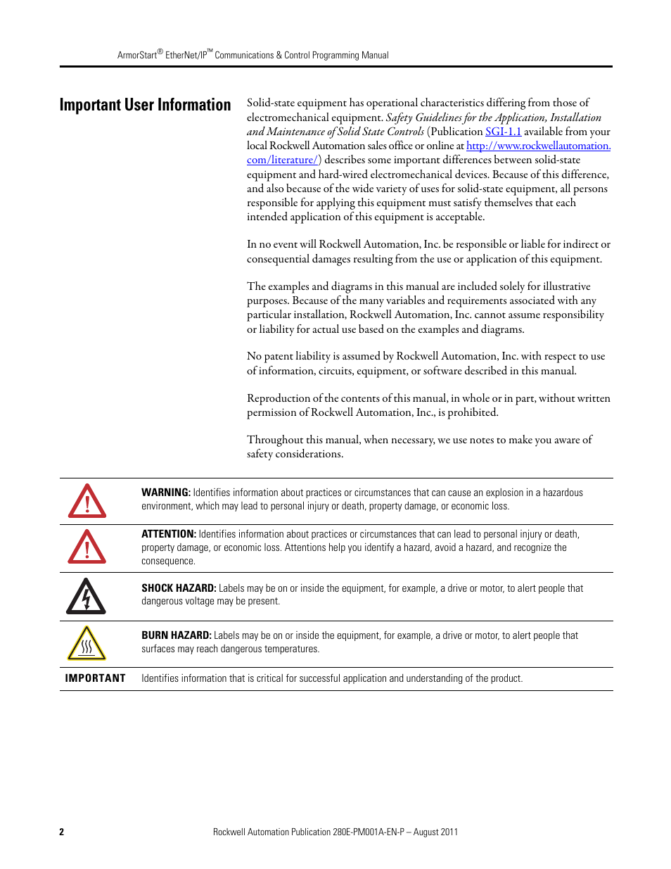 Important user information | Rockwell Automation 284E ArmorStart EtherNet IP Communications and Control Programming Manual User Manual | Page 2 / 90