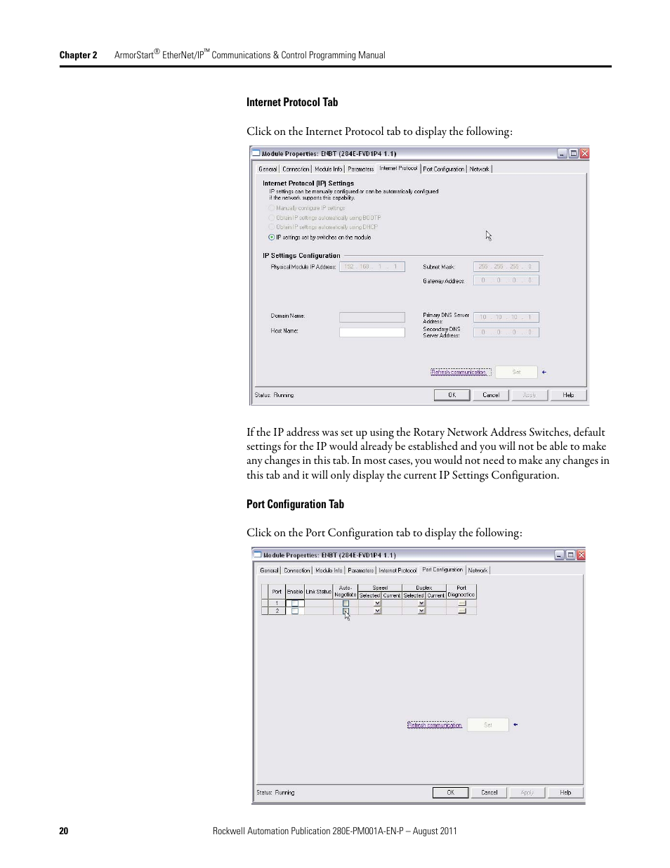 Internet protocol tab, Port configuration tab | Rockwell Automation 284E ArmorStart EtherNet IP Communications and Control Programming Manual User Manual | Page 20 / 90