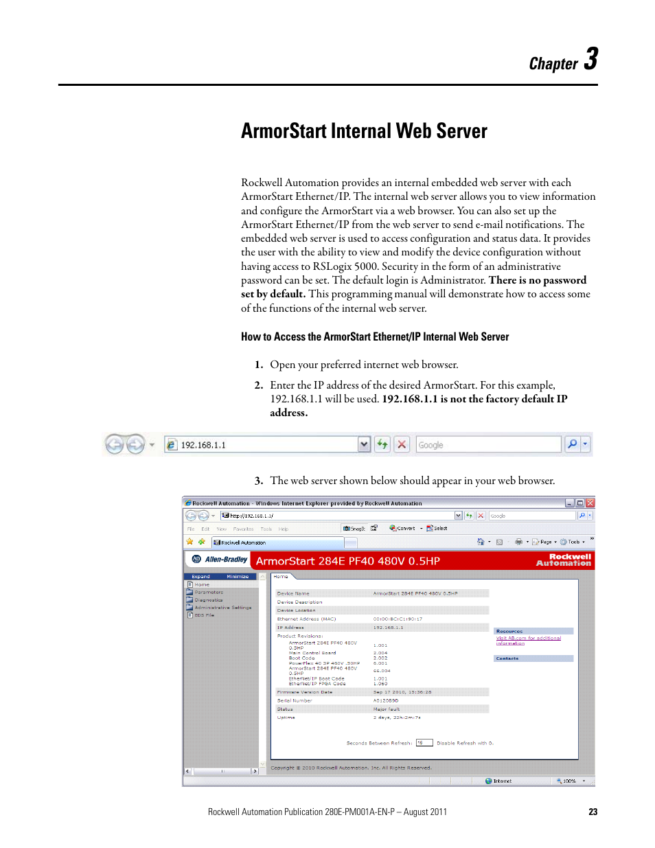 Chapter 3, Armorstart internal web server, Chapter | Rockwell Automation 284E ArmorStart EtherNet IP Communications and Control Programming Manual User Manual | Page 23 / 90