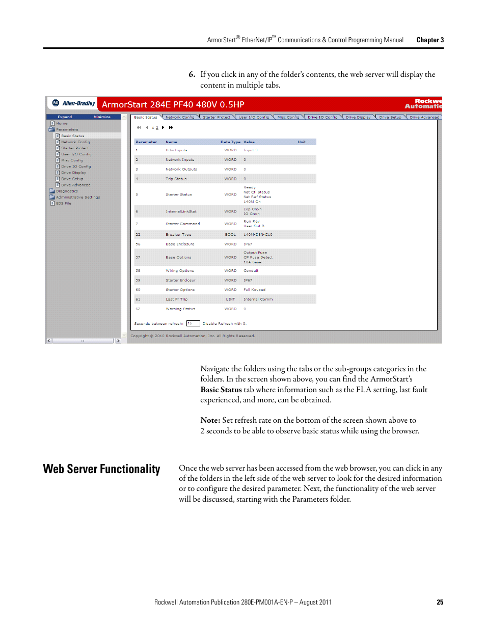 Web server functionality | Rockwell Automation 284E ArmorStart EtherNet IP Communications and Control Programming Manual User Manual | Page 25 / 90