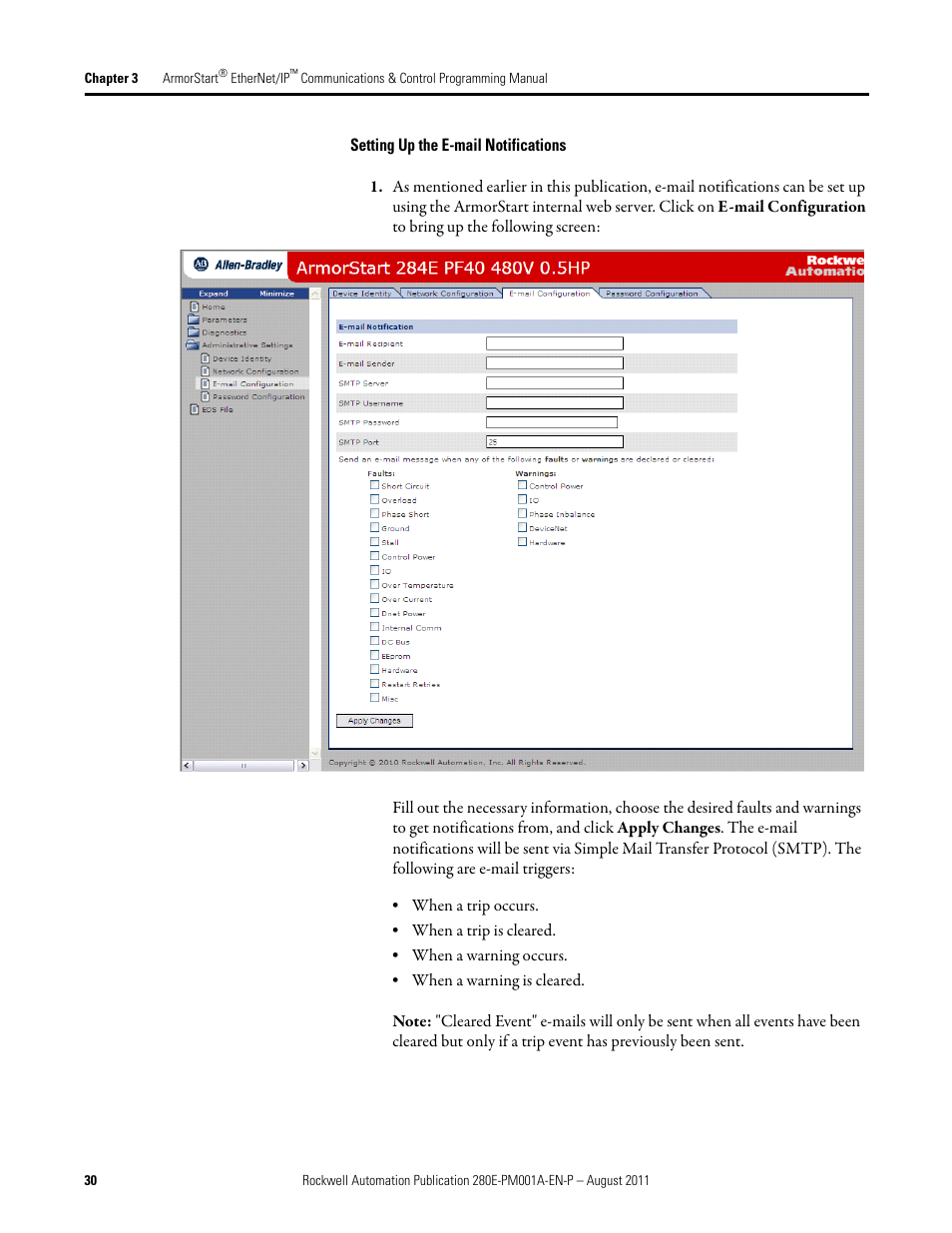 Setting up the e-mail notifications | Rockwell Automation 284E ArmorStart EtherNet IP Communications and Control Programming Manual User Manual | Page 30 / 90