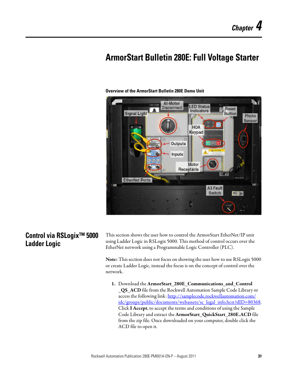 Chapter 4, Armorstart bulletin 280e: full voltage starter, Control via rslogix™ 5000 ladder logic | Chapter | Rockwell Automation 284E ArmorStart EtherNet IP Communications and Control Programming Manual User Manual | Page 31 / 90