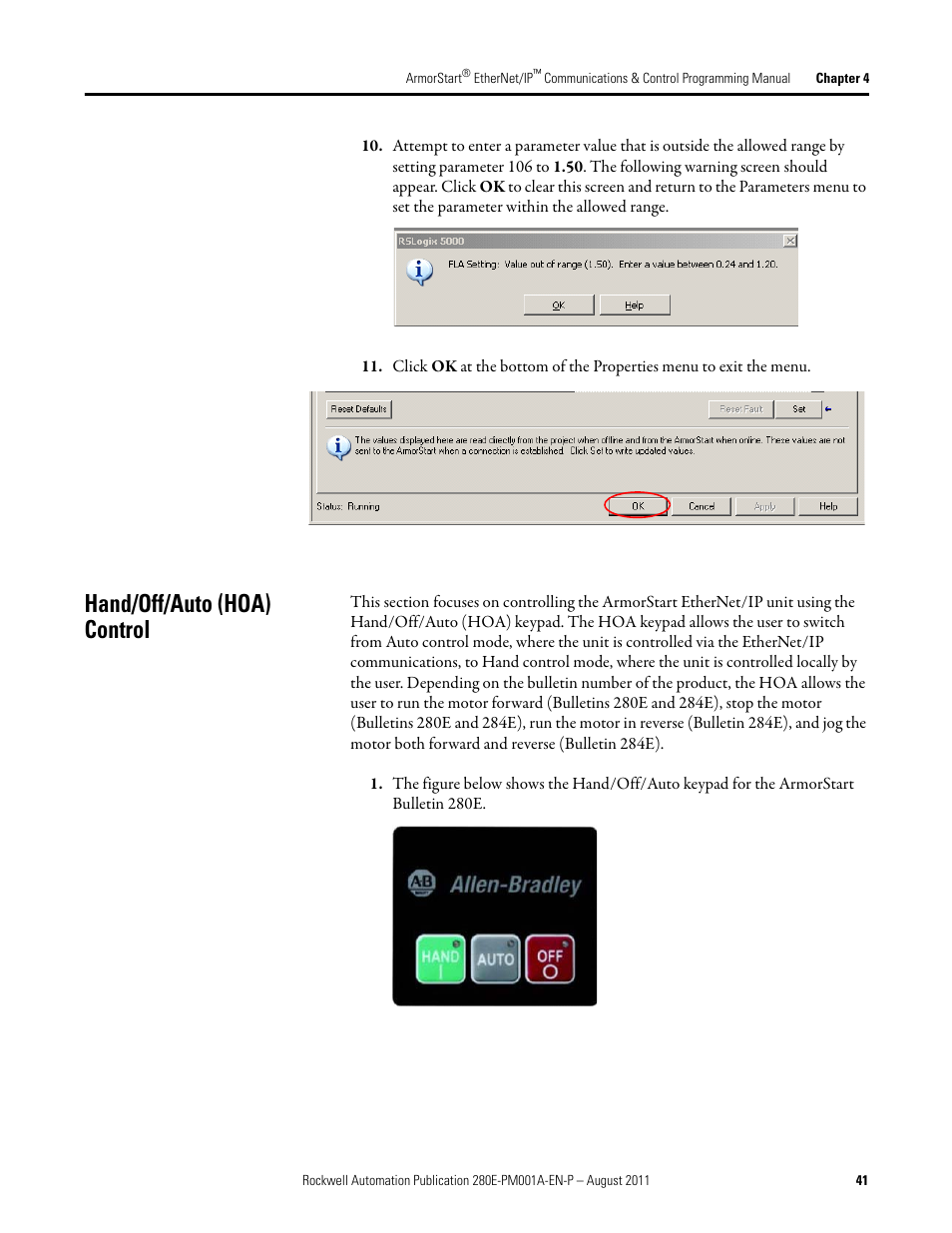 Hand/off/auto (hoa) control | Rockwell Automation 284E ArmorStart EtherNet IP Communications and Control Programming Manual User Manual | Page 41 / 90