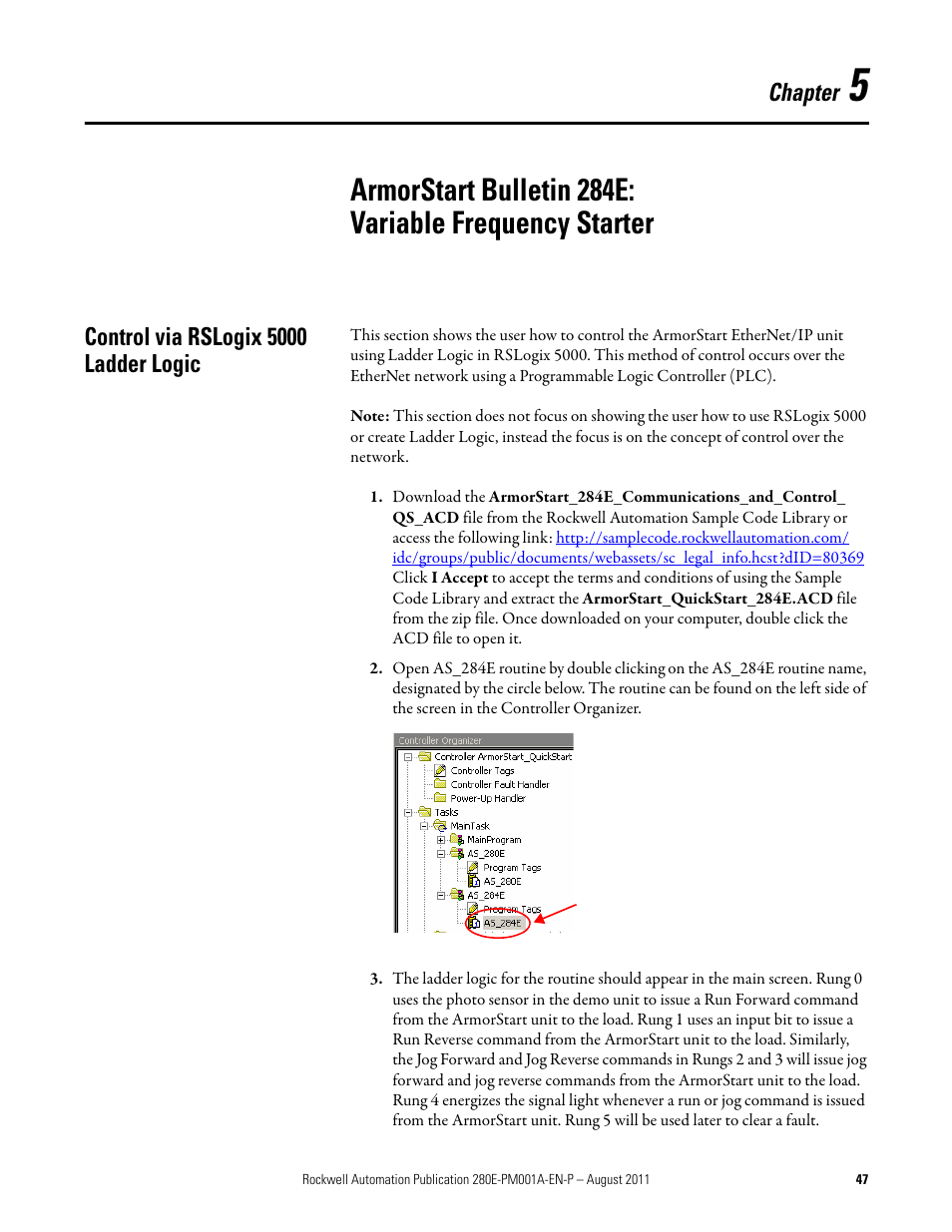 Chapter 5, Control via rslogix 5000 ladder logic, Chapter | Rockwell Automation 284E ArmorStart EtherNet IP Communications and Control Programming Manual User Manual | Page 47 / 90