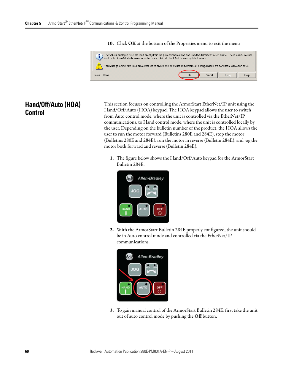 Hand/off/auto (hoa) control | Rockwell Automation 284E ArmorStart EtherNet IP Communications and Control Programming Manual User Manual | Page 60 / 90