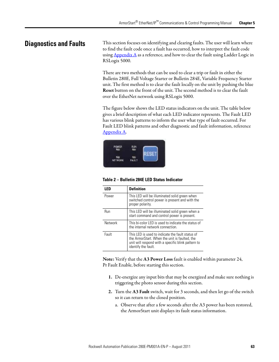Diagnostics and faults | Rockwell Automation 284E ArmorStart EtherNet IP Communications and Control Programming Manual User Manual | Page 63 / 90