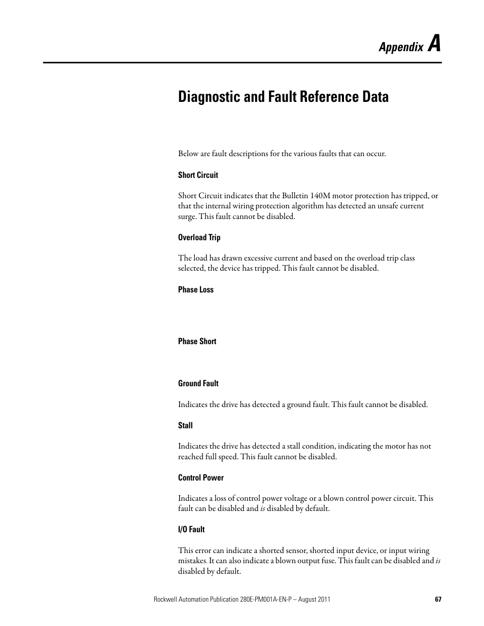 Appendix a, Diagnostic and fault reference data, Appendix | Rockwell Automation 284E ArmorStart EtherNet IP Communications and Control Programming Manual User Manual | Page 67 / 90