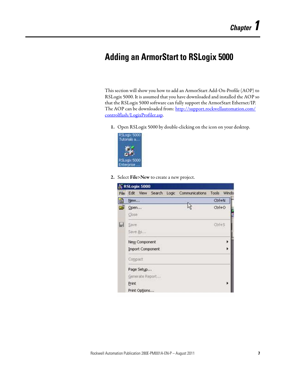 Chapter 1, Adding an armorstart to rslogix 5000, Chapter | Rockwell Automation 284E ArmorStart EtherNet IP Communications and Control Programming Manual User Manual | Page 7 / 90