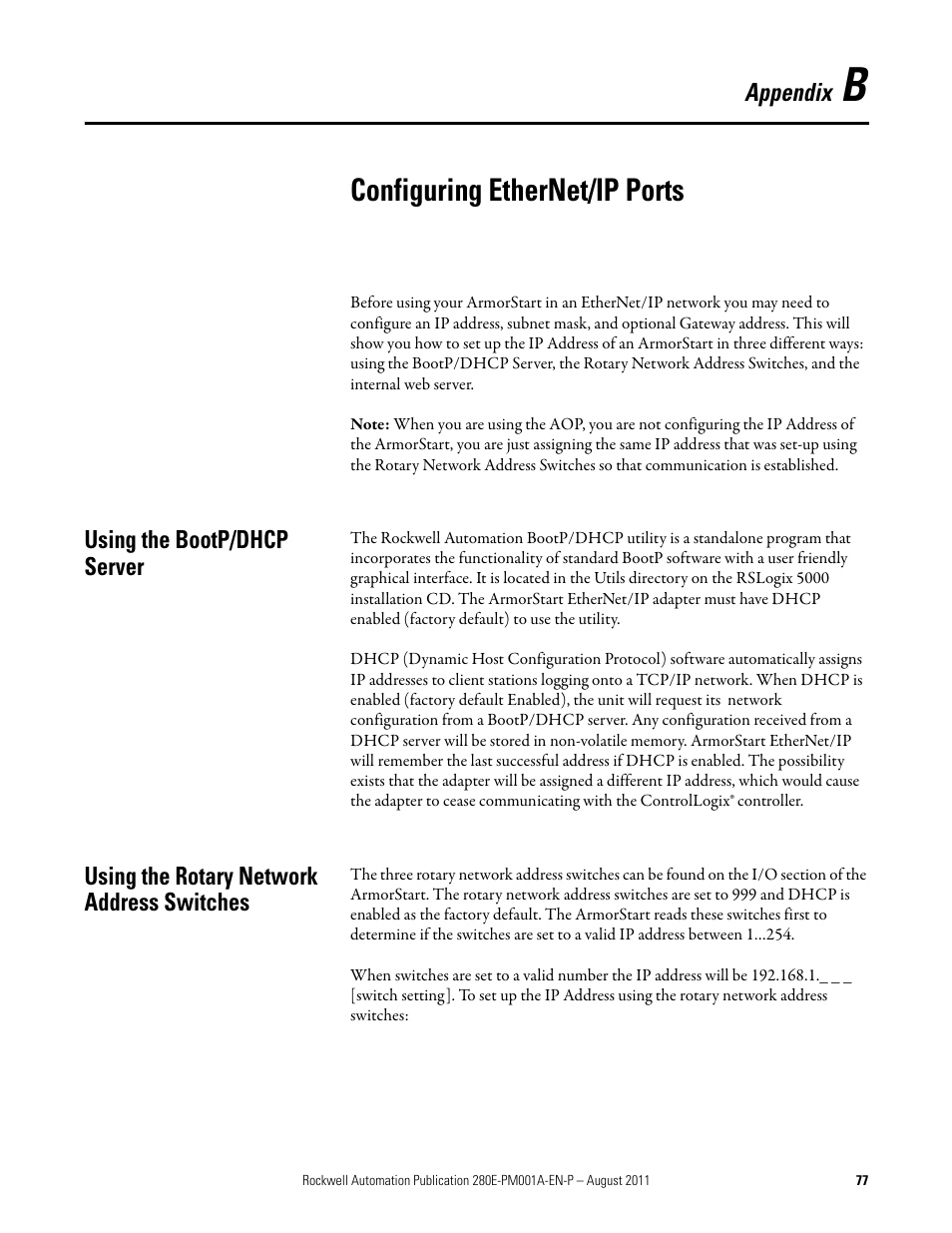 Appendix b, Configuring ethernet/ip ports, Using the bootp/dhcp server | Using the rotary network address switches | Rockwell Automation 284E ArmorStart EtherNet IP Communications and Control Programming Manual User Manual | Page 77 / 90