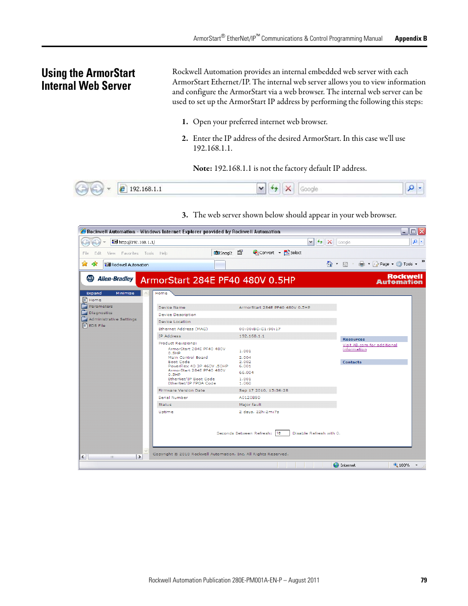 Using the armorstart internal web server | Rockwell Automation 284E ArmorStart EtherNet IP Communications and Control Programming Manual User Manual | Page 79 / 90