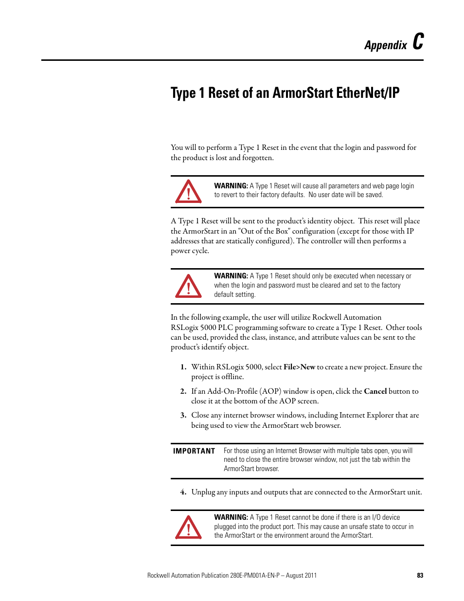 Appendix c, Type 1 reset of an armorstart ethernet/ip, Appendix | Rockwell Automation 284E ArmorStart EtherNet IP Communications and Control Programming Manual User Manual | Page 83 / 90