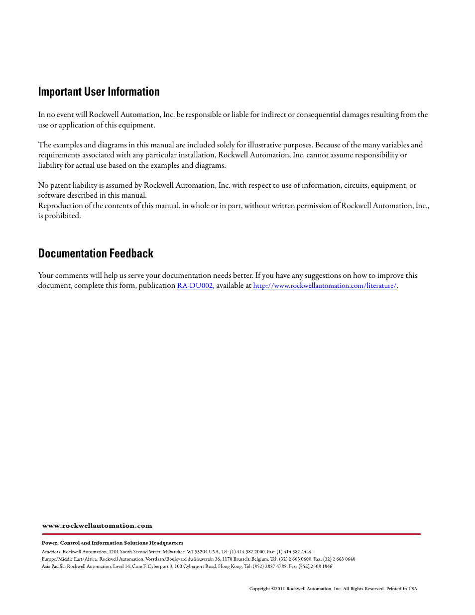 Important user information, Documentation feedback | Rockwell Automation 284E ArmorStart EtherNet IP Communications and Control Programming Manual User Manual | Page 90 / 90