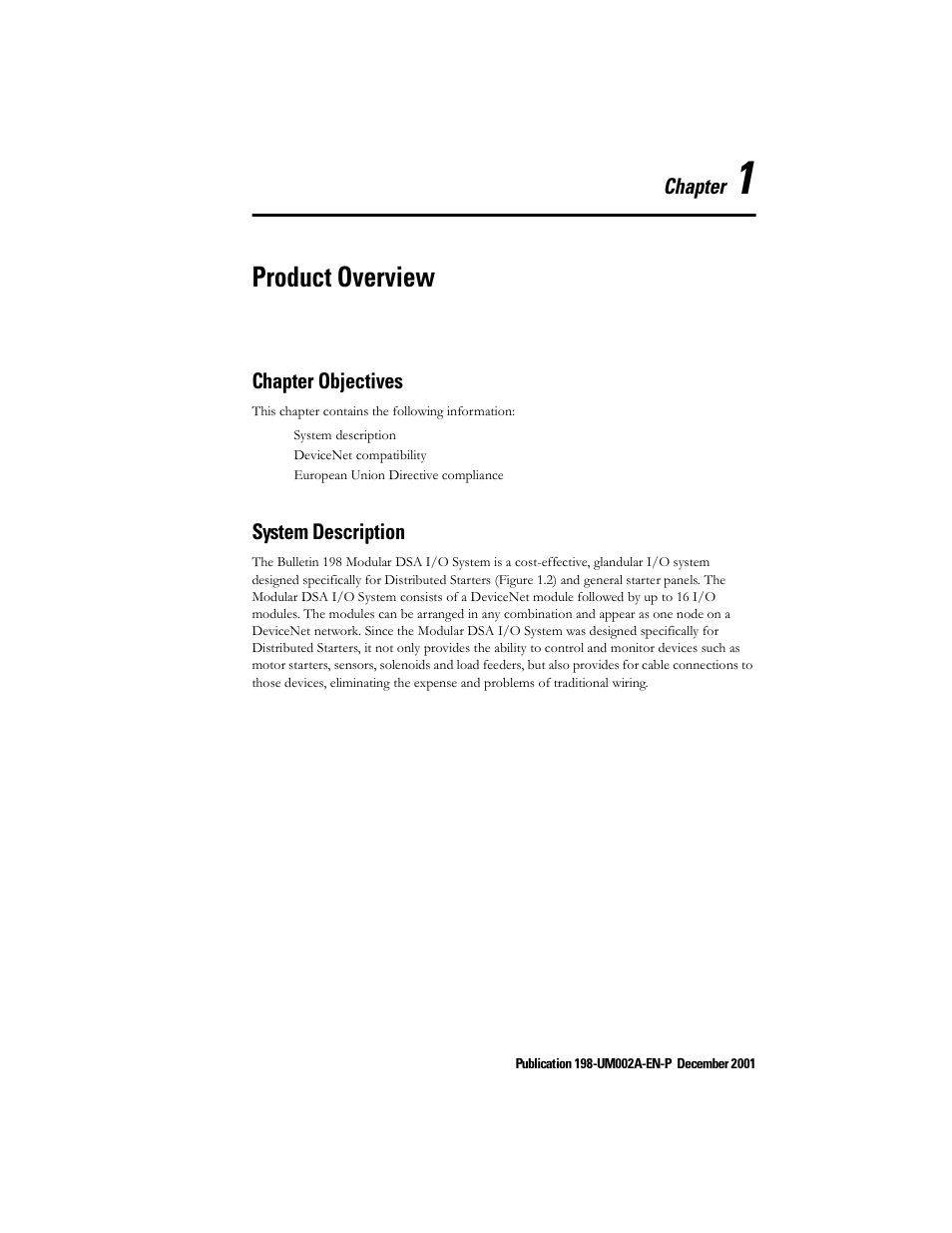 Chapter 1 - product overview, Chapter objectives, System description | Chapter 1 — product overview, Chapter objectives -1 system description -1, Product overview, Chapter | Rockwell Automation 198 Series C Modular DeviceNet Starter Auxiliary User Manual User Manual | Page 11 / 176