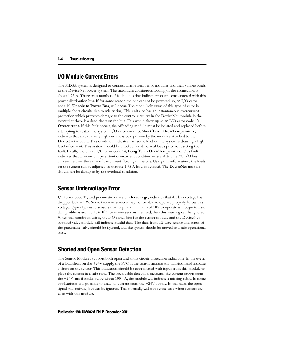 I/o module current errors, Sensor undervoltage error, Shorted and open sensor detection | I/o module current errors -4 | Rockwell Automation 198 Series C Modular DeviceNet Starter Auxiliary User Manual User Manual | Page 134 / 176