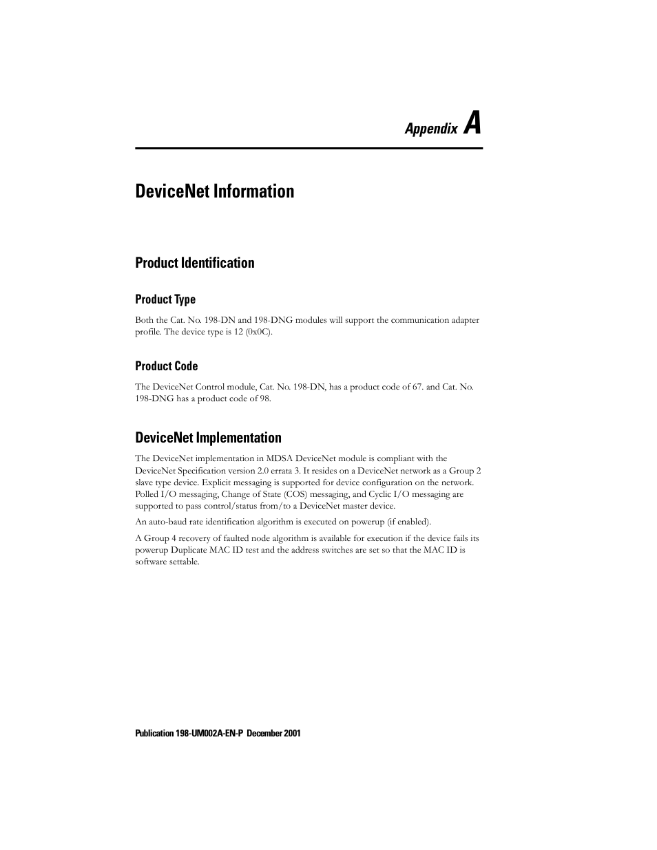 Appendix a - devicenet information, Product identification, Product type | Product code, Devicenet implementation, Appendix a — devicenet information, Devicenet information | Rockwell Automation 198 Series C Modular DeviceNet Starter Auxiliary User Manual User Manual | Page 135 / 176