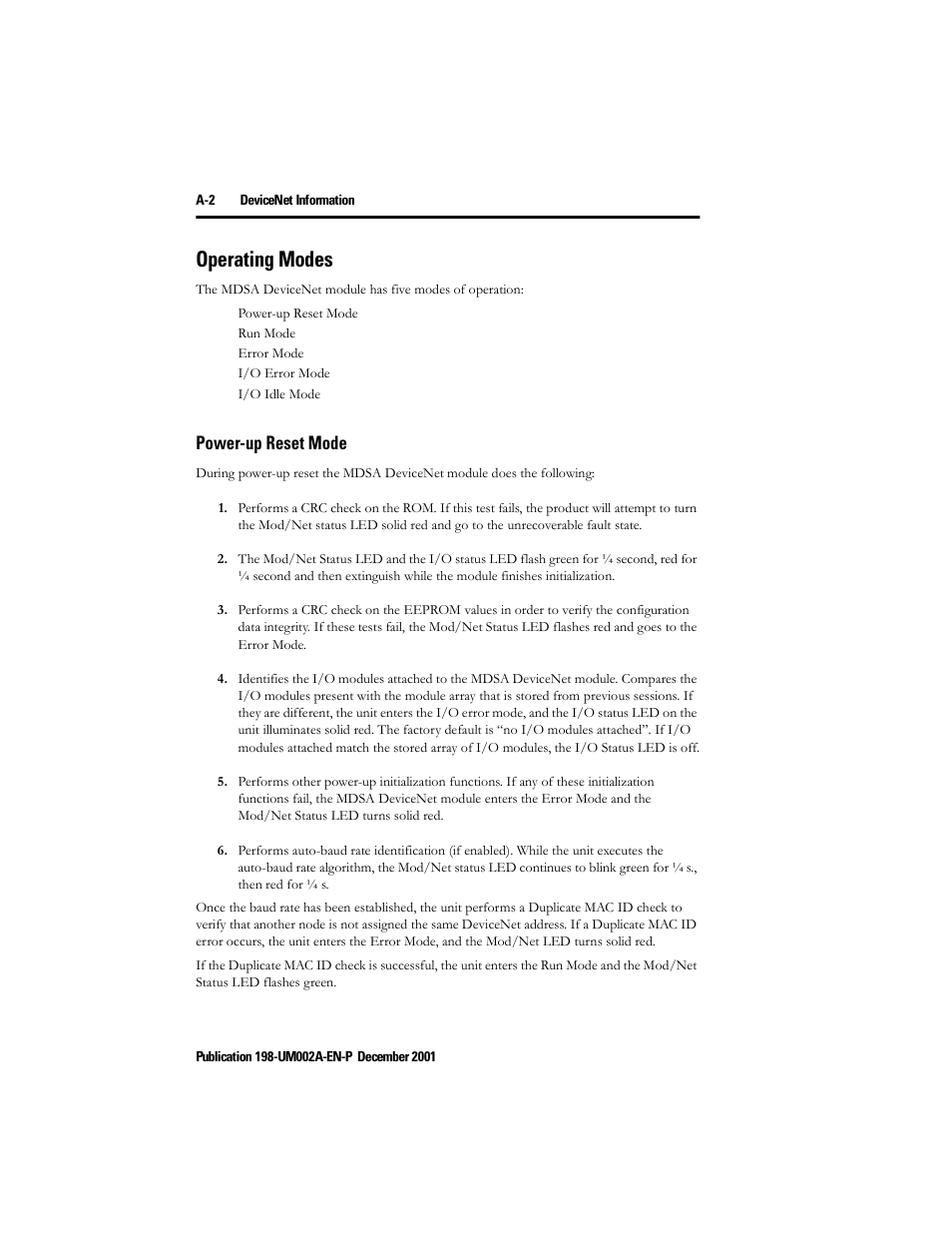 Operating modes, Power-up reset mode | Rockwell Automation 198 Series C Modular DeviceNet Starter Auxiliary User Manual User Manual | Page 136 / 176