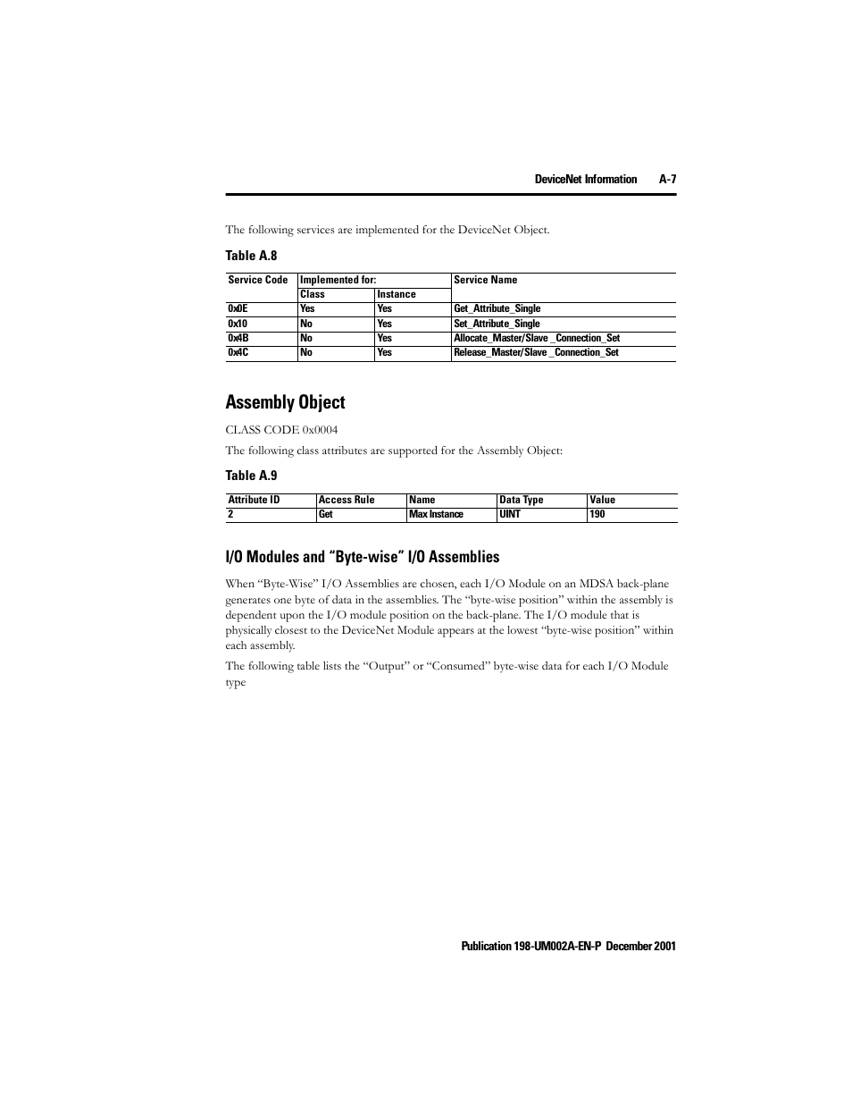 Assembly object, I/o modules and “byte-wise” i/o assemblies | Rockwell Automation 198 Series C Modular DeviceNet Starter Auxiliary User Manual User Manual | Page 141 / 176