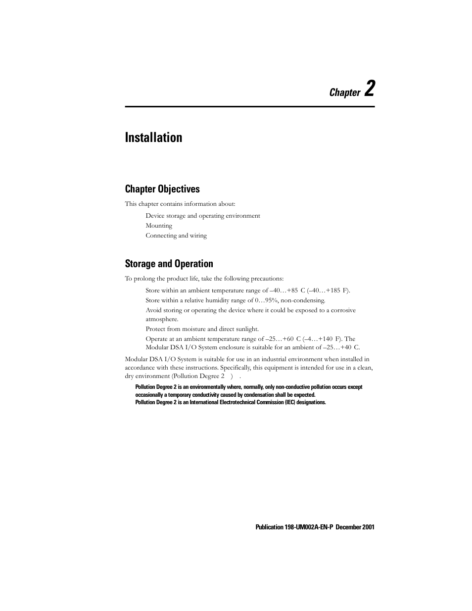Chapter 2 - installation, Chapter objectives, Storage and operation | Chapter 2 — installation, Chapter objectives -1 storage and operation -1, Installation, Chapter | Rockwell Automation 198 Series C Modular DeviceNet Starter Auxiliary User Manual User Manual | Page 15 / 176