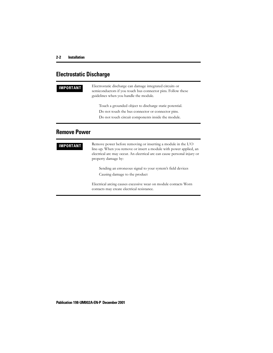 Electrostatic discharge, Remove power, Electrostatic discharge -2 remove power -2 | Electrostatic discharge remove power | Rockwell Automation 198 Series C Modular DeviceNet Starter Auxiliary User Manual User Manual | Page 16 / 176