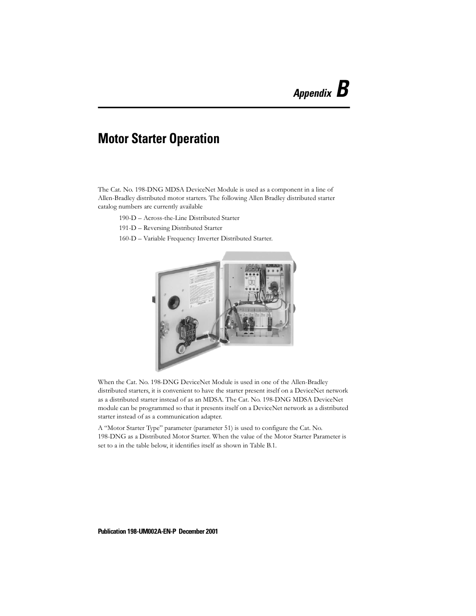 Appendix b - motor starter operation, Appendix b — motor starter operation, Motor starter operation | Appendix | Rockwell Automation 198 Series C Modular DeviceNet Starter Auxiliary User Manual User Manual | Page 169 / 176