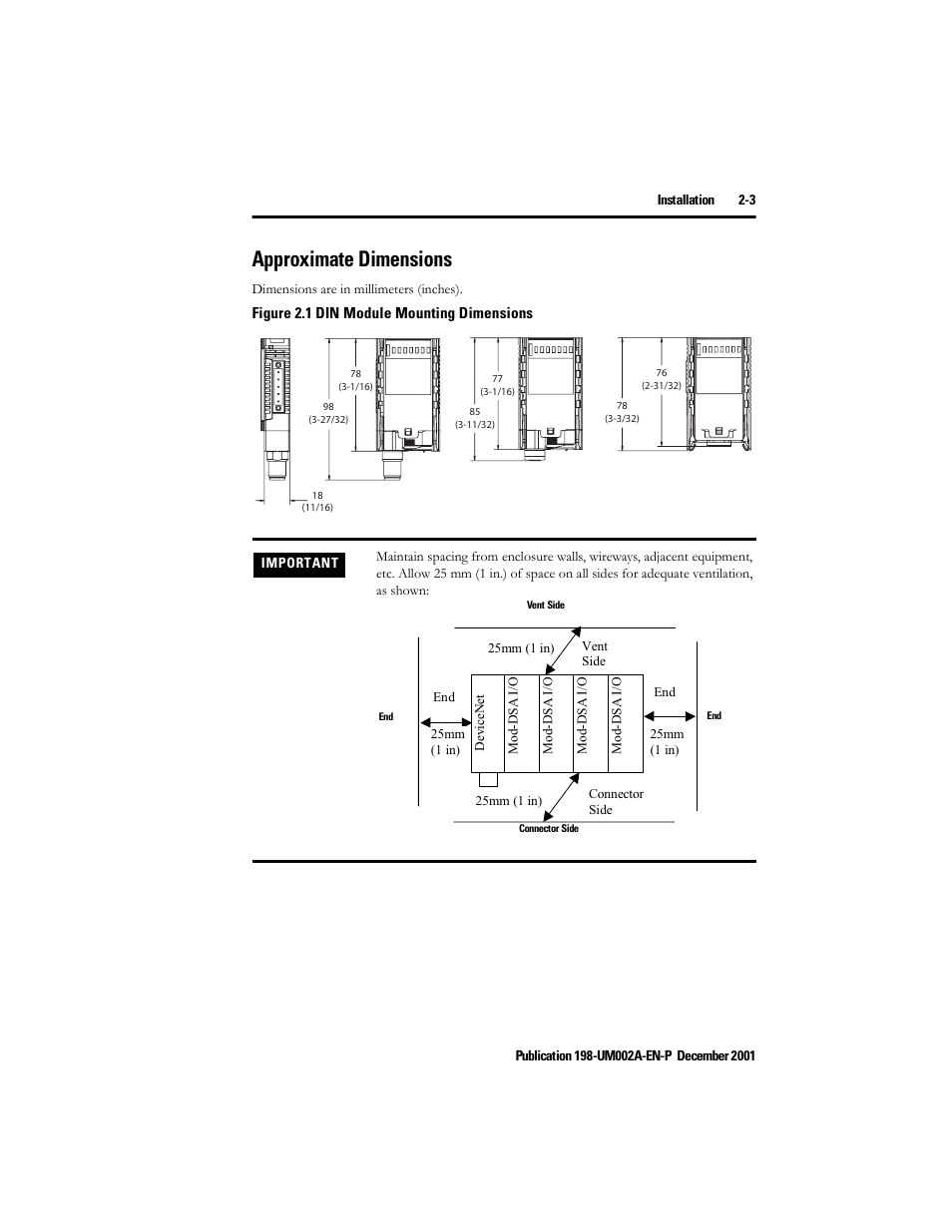 Approximate dimensions, Approximate dimensions -3 | Rockwell Automation 198 Series C Modular DeviceNet Starter Auxiliary User Manual User Manual | Page 17 / 176