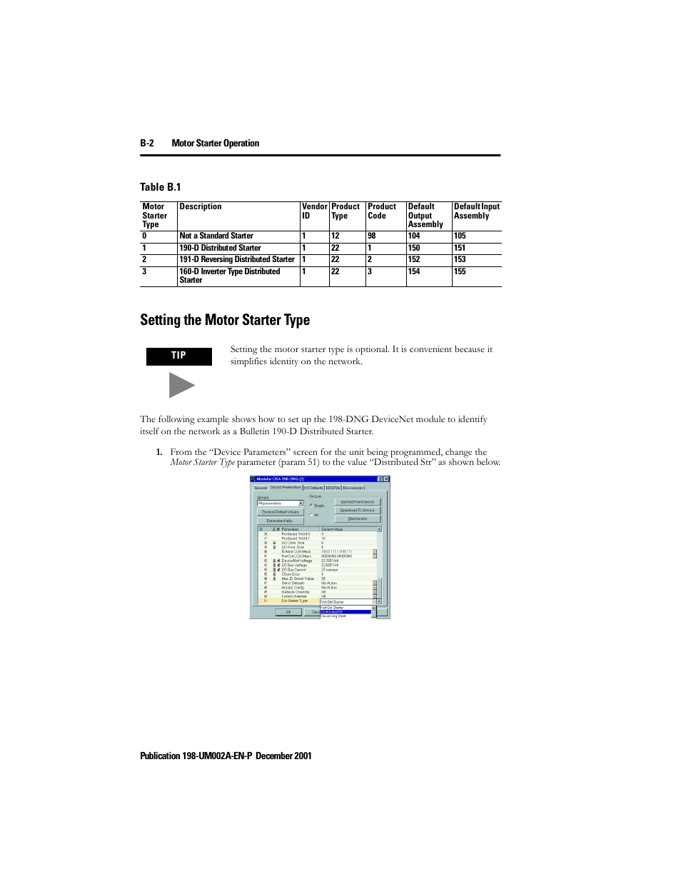 Setting the motor starter type | Rockwell Automation 198 Series C Modular DeviceNet Starter Auxiliary User Manual User Manual | Page 170 / 176