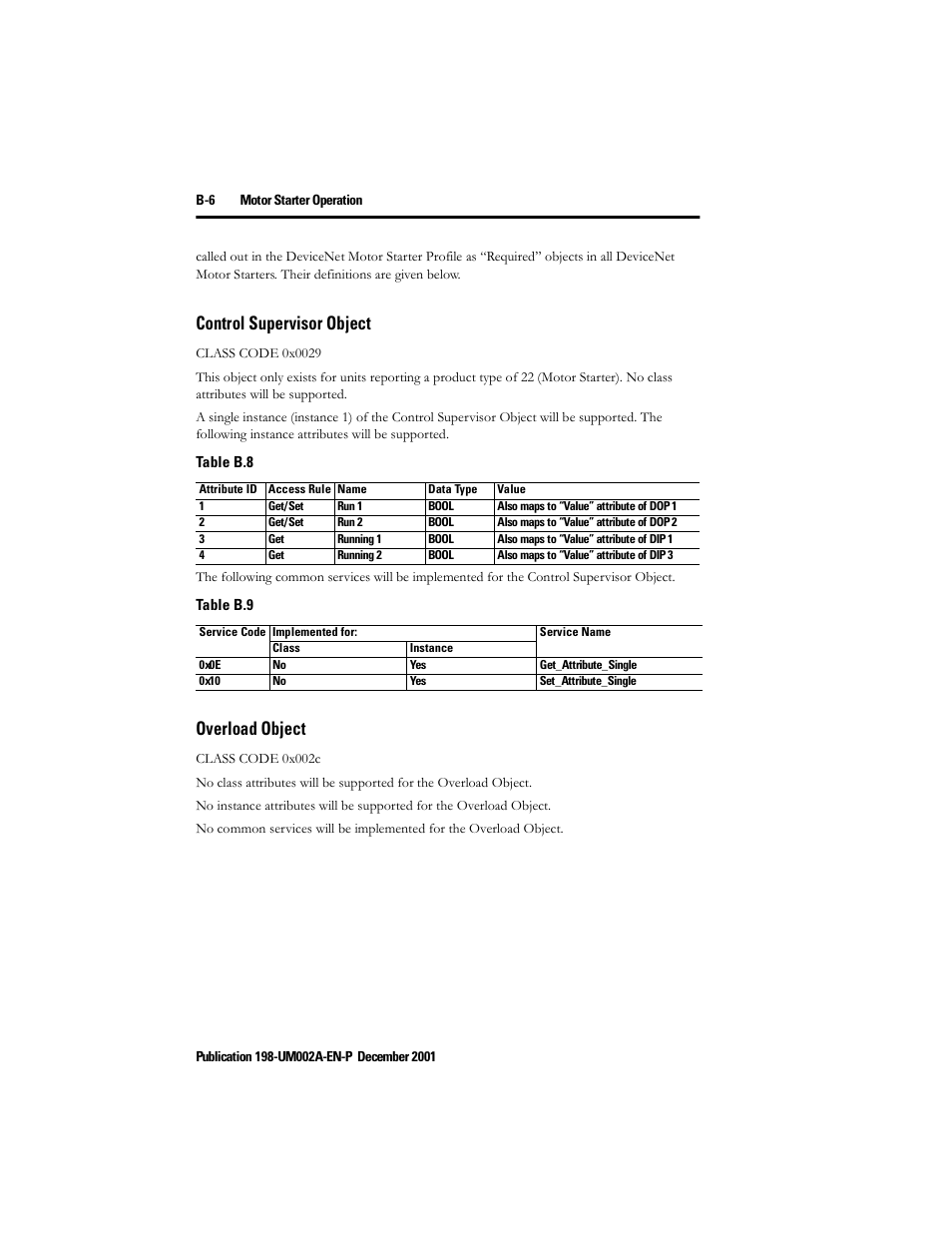 Control supervisor object, Overload object | Rockwell Automation 198 Series C Modular DeviceNet Starter Auxiliary User Manual User Manual | Page 174 / 176