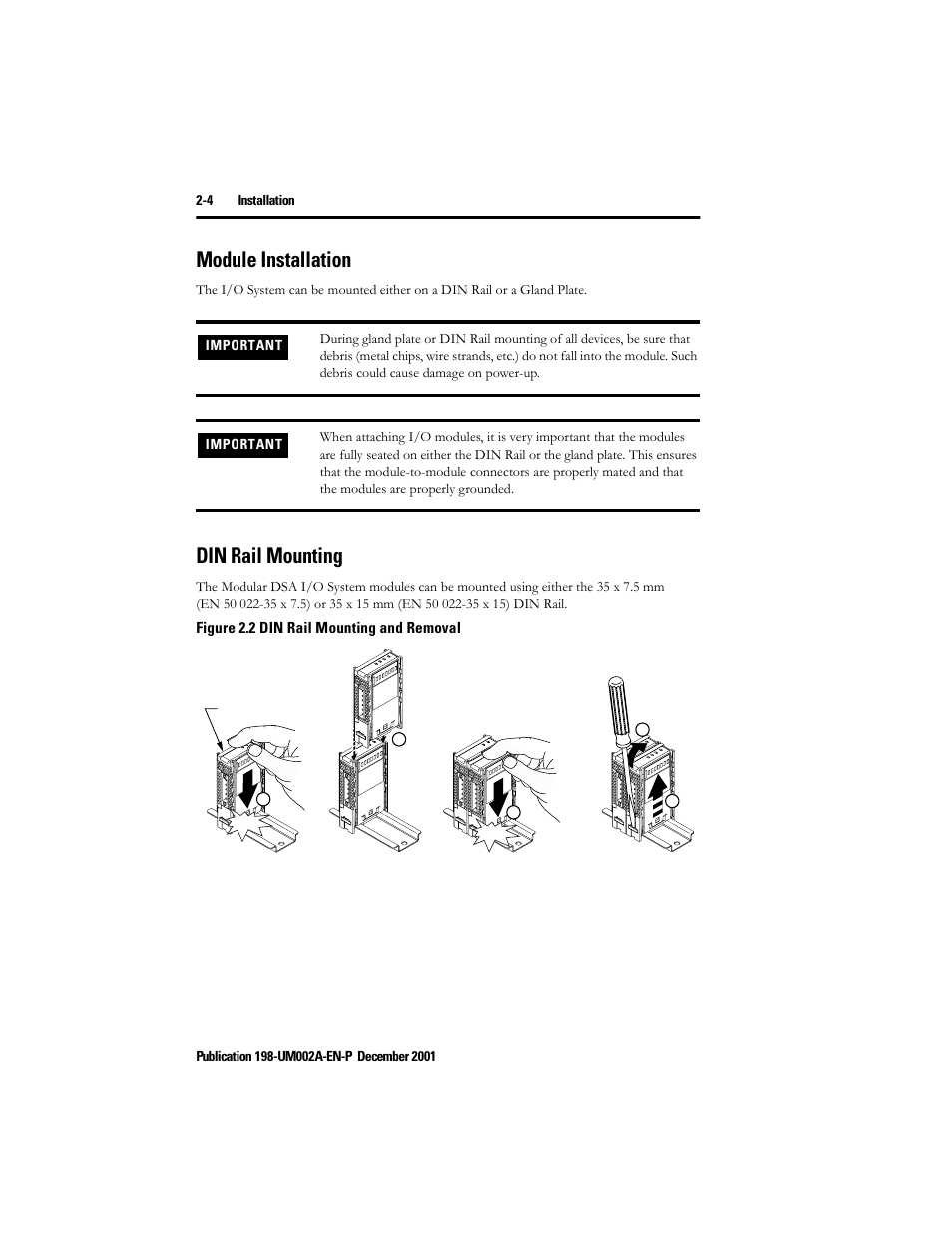 Module installation, Din rail mounting, Module installation -4 din rail mounting -4 | Rockwell Automation 198 Series C Modular DeviceNet Starter Auxiliary User Manual User Manual | Page 18 / 176