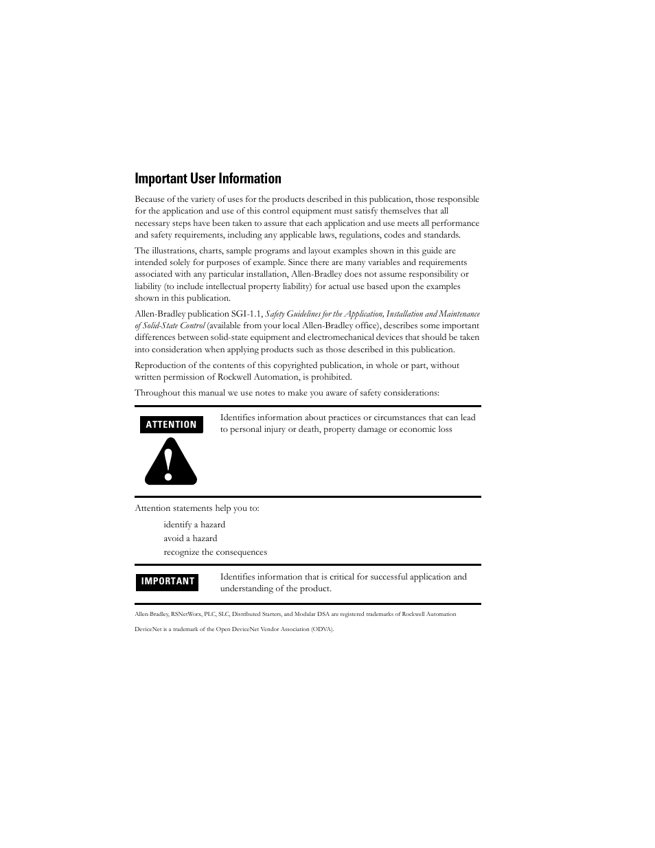 Important user information | Rockwell Automation 198 Series C Modular DeviceNet Starter Auxiliary User Manual User Manual | Page 2 / 176