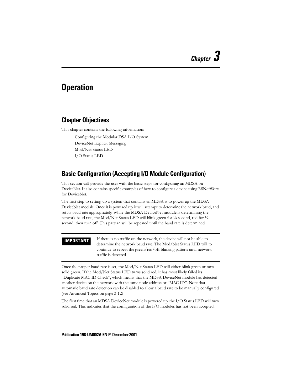 Chapter 3 - operation, Chapter objectives, Chapter 3 — operation | Operation, Chapter | Rockwell Automation 198 Series C Modular DeviceNet Starter Auxiliary User Manual User Manual | Page 22 / 176