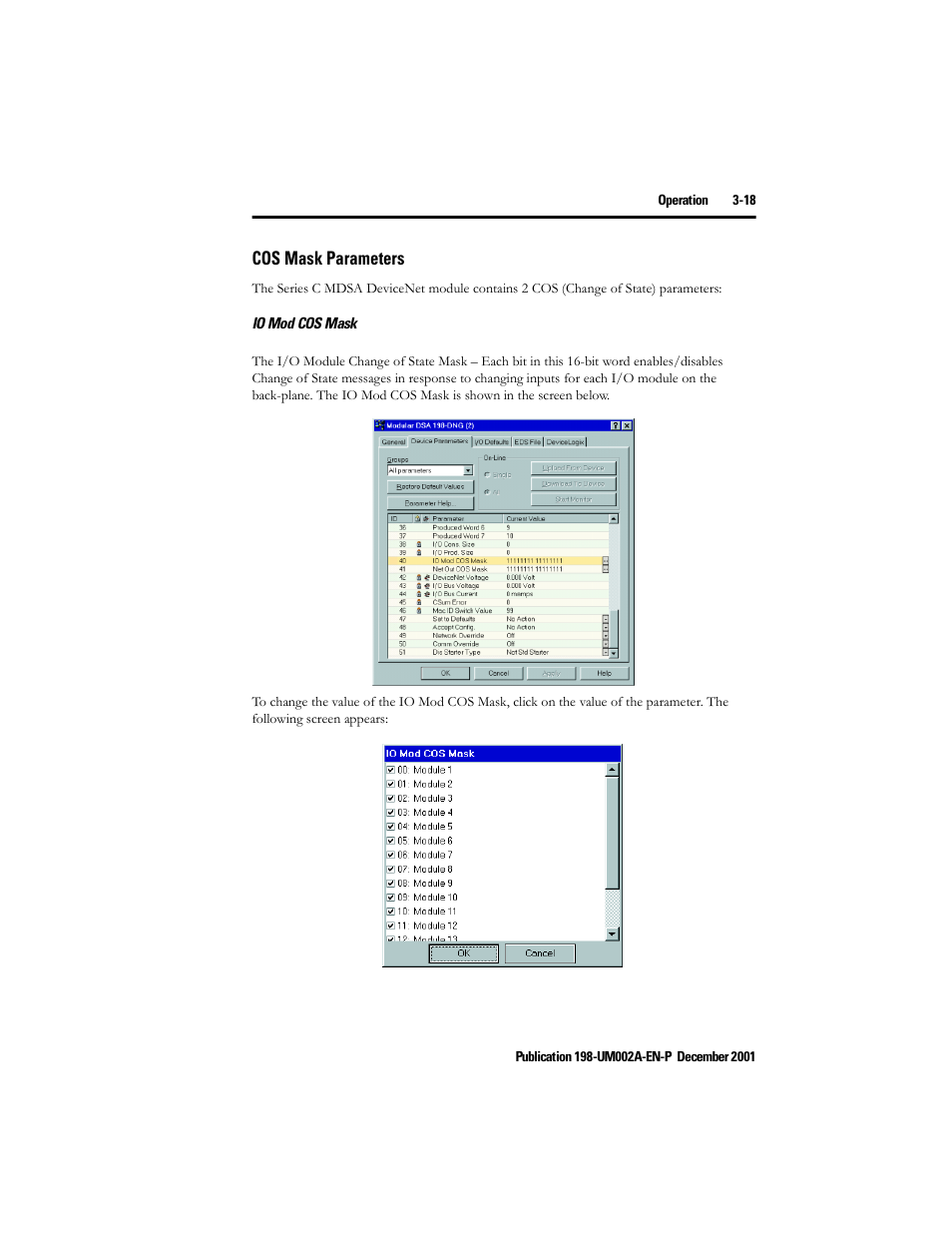 Cos mask parameters, Io mod cos mask, Cos mask parameters -18 | Rockwell Automation 198 Series C Modular DeviceNet Starter Auxiliary User Manual User Manual | Page 39 / 176