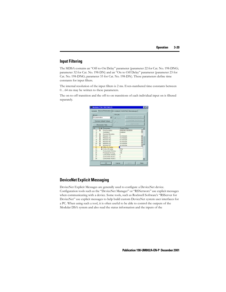 Input filtering, Devicenet explicit messaging | Rockwell Automation 198 Series C Modular DeviceNet Starter Auxiliary User Manual User Manual | Page 41 / 176