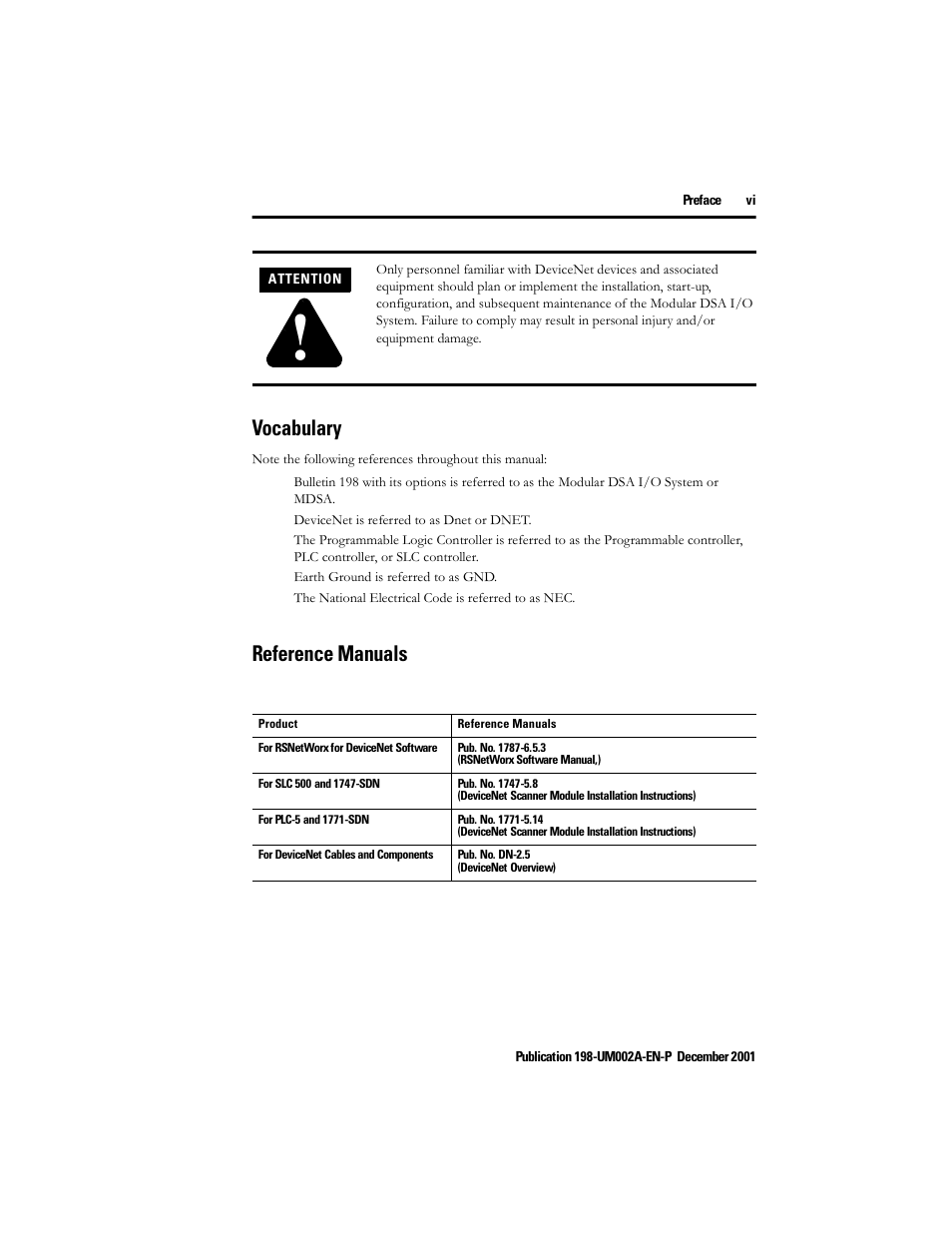 Vocabulary, Reference manuals | Rockwell Automation 198 Series C Modular DeviceNet Starter Auxiliary User Manual User Manual | Page 5 / 176