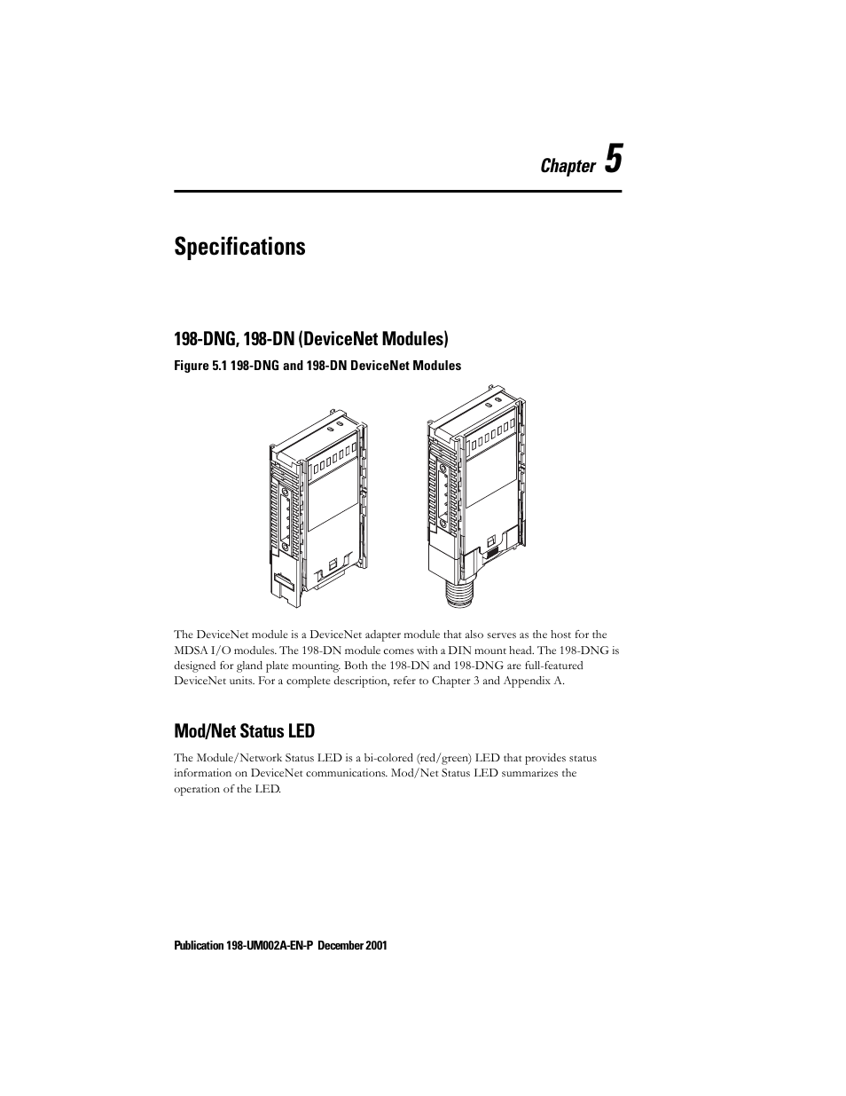 Chapter 5 - specifications, Dng, 198-dn (devicenet modules), Mod/net status led | Chapter 5 — specifications, Specifications | Rockwell Automation 198 Series C Modular DeviceNet Starter Auxiliary User Manual User Manual | Page 60 / 176