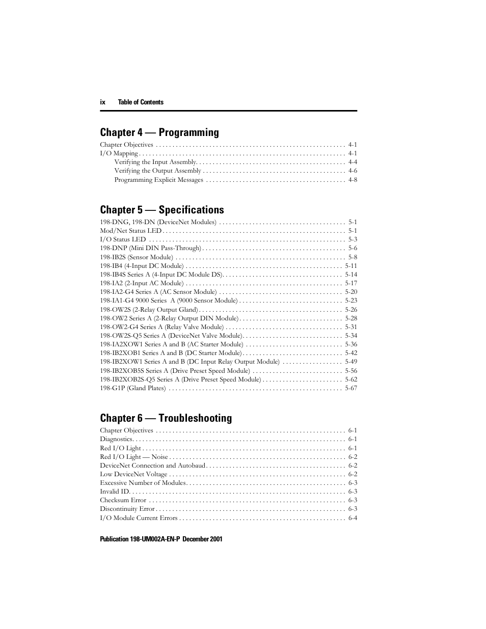 Chapter 4 — programming, Chapter 5 — specifications, Chapter 6 — troubleshooting | Rockwell Automation 198 Series C Modular DeviceNet Starter Auxiliary User Manual User Manual | Page 8 / 176