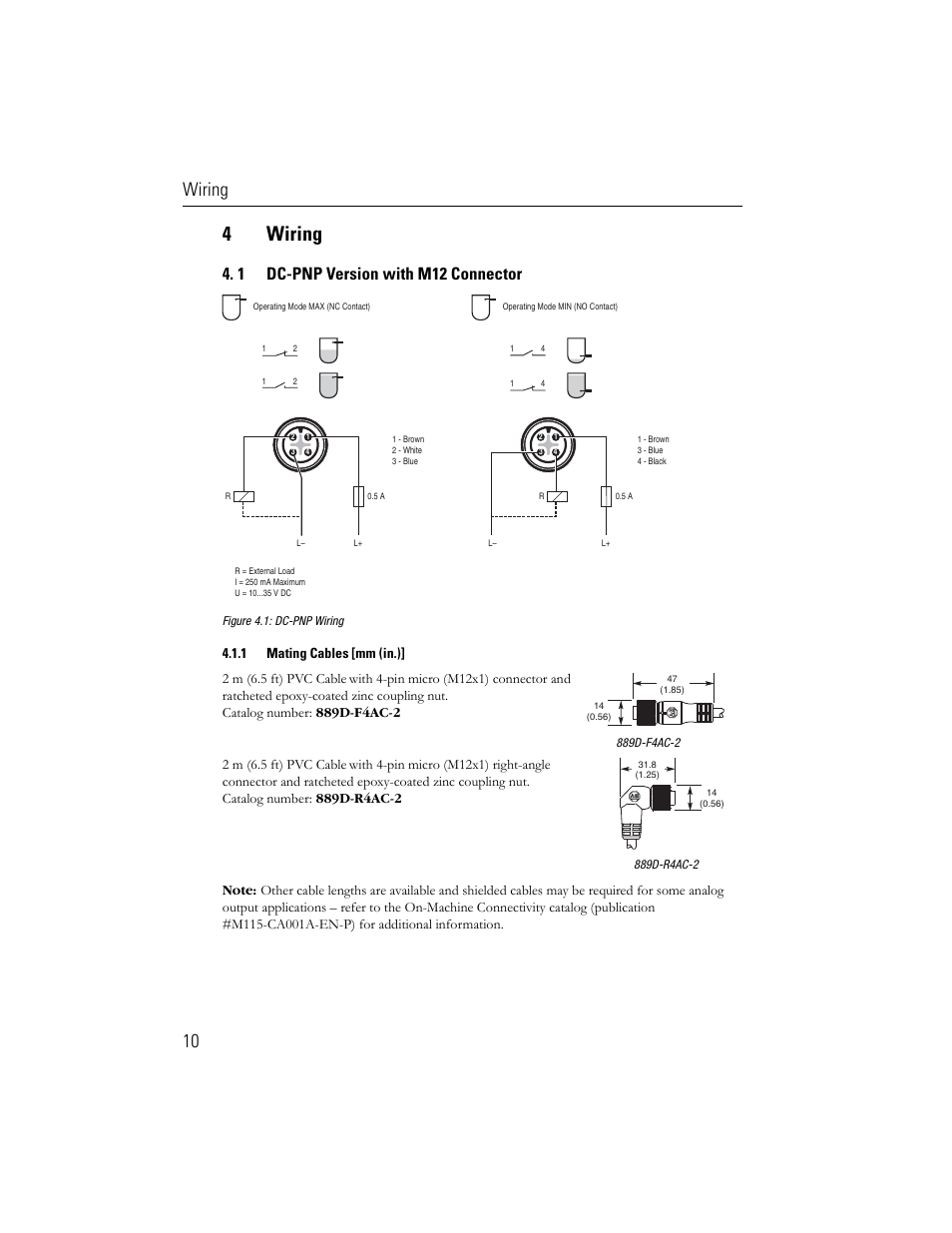 4wiring, Wiring 10, 1 dc-pnp version with m12 connector | Rockwell Automation 840E Solid-State Level Sensors User Manual | Page 12 / 20