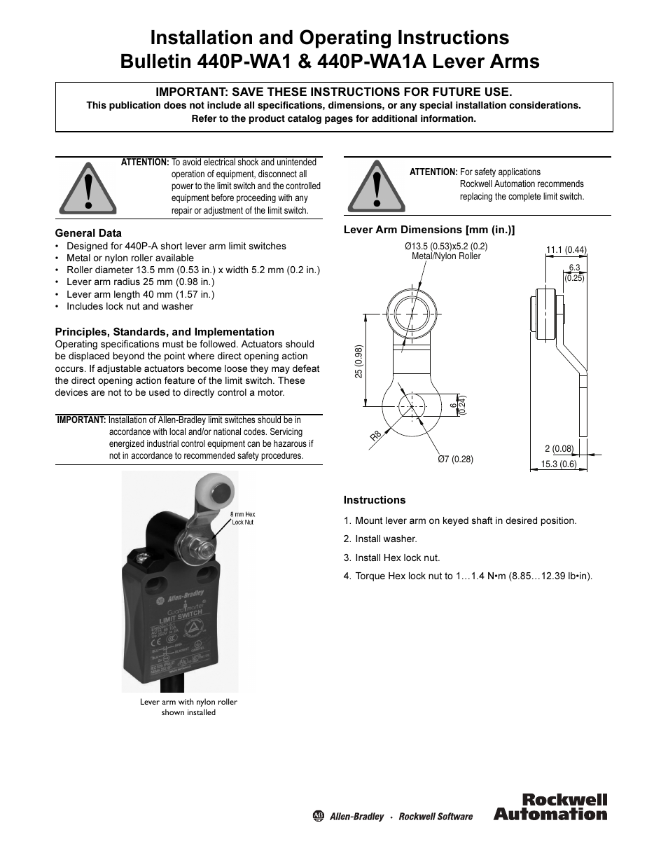 Rockwell Automation 440P-WA1A Lever Arms User Manual | 2 pages