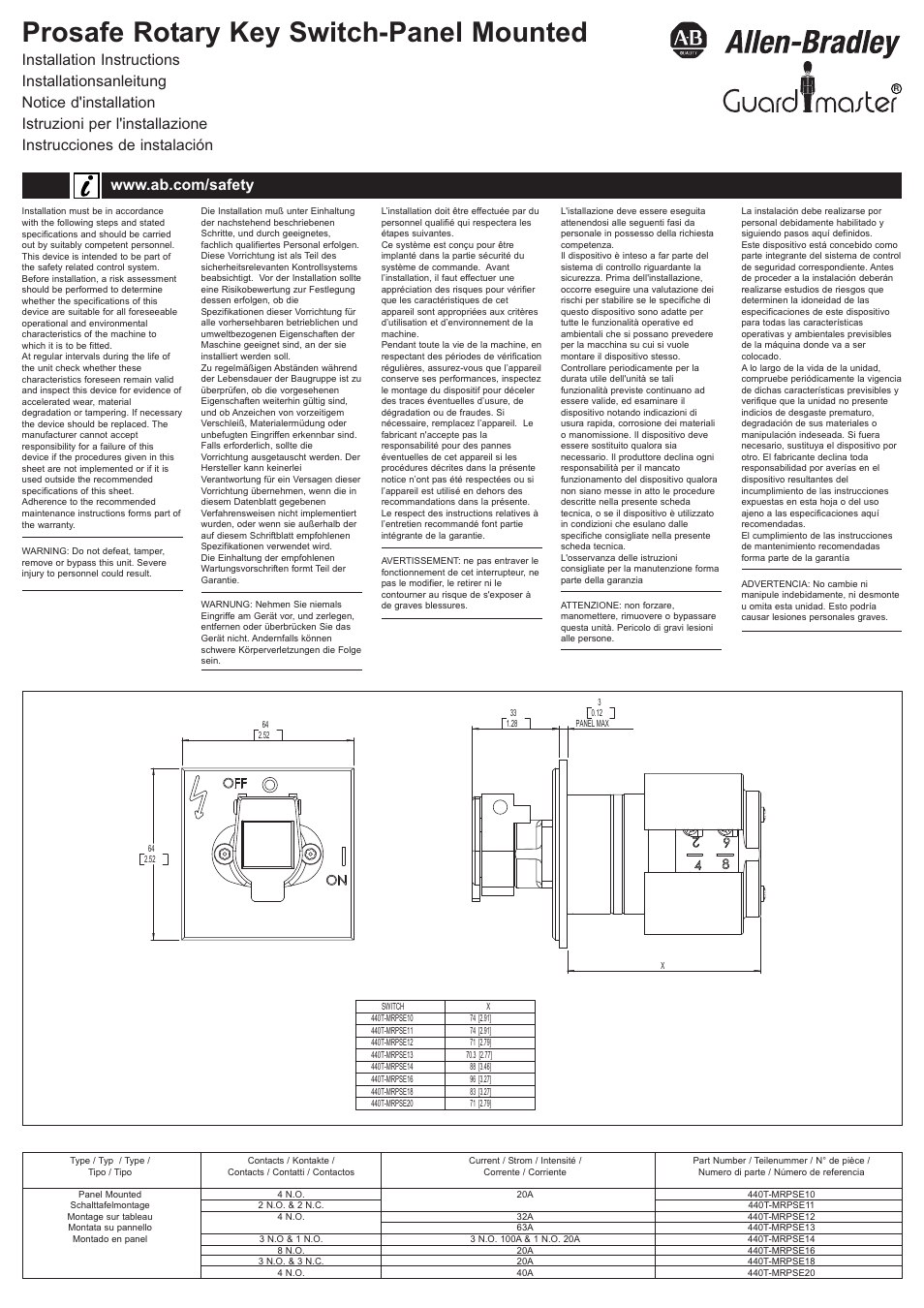 Rockwell Automation 440T Prosafe Rotary Key Switch-Panel Mounted User Manual | 4 pages