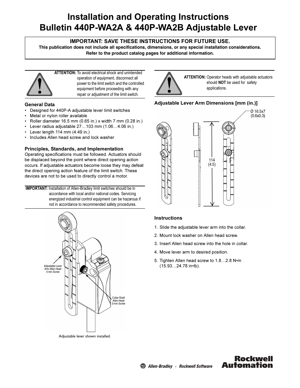 Rockwell Automation 440P-WA2B  Adjustable Lever  User Manual | 2 pages