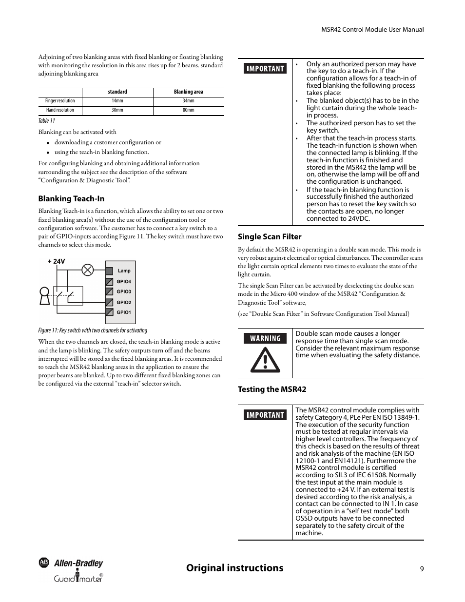Blanking teach-in, Single scan filter, Testing the msr42 | Original instructions | Rockwell Automation 440R MSR42 Control Module User Manual User Manual | Page 11 / 20
