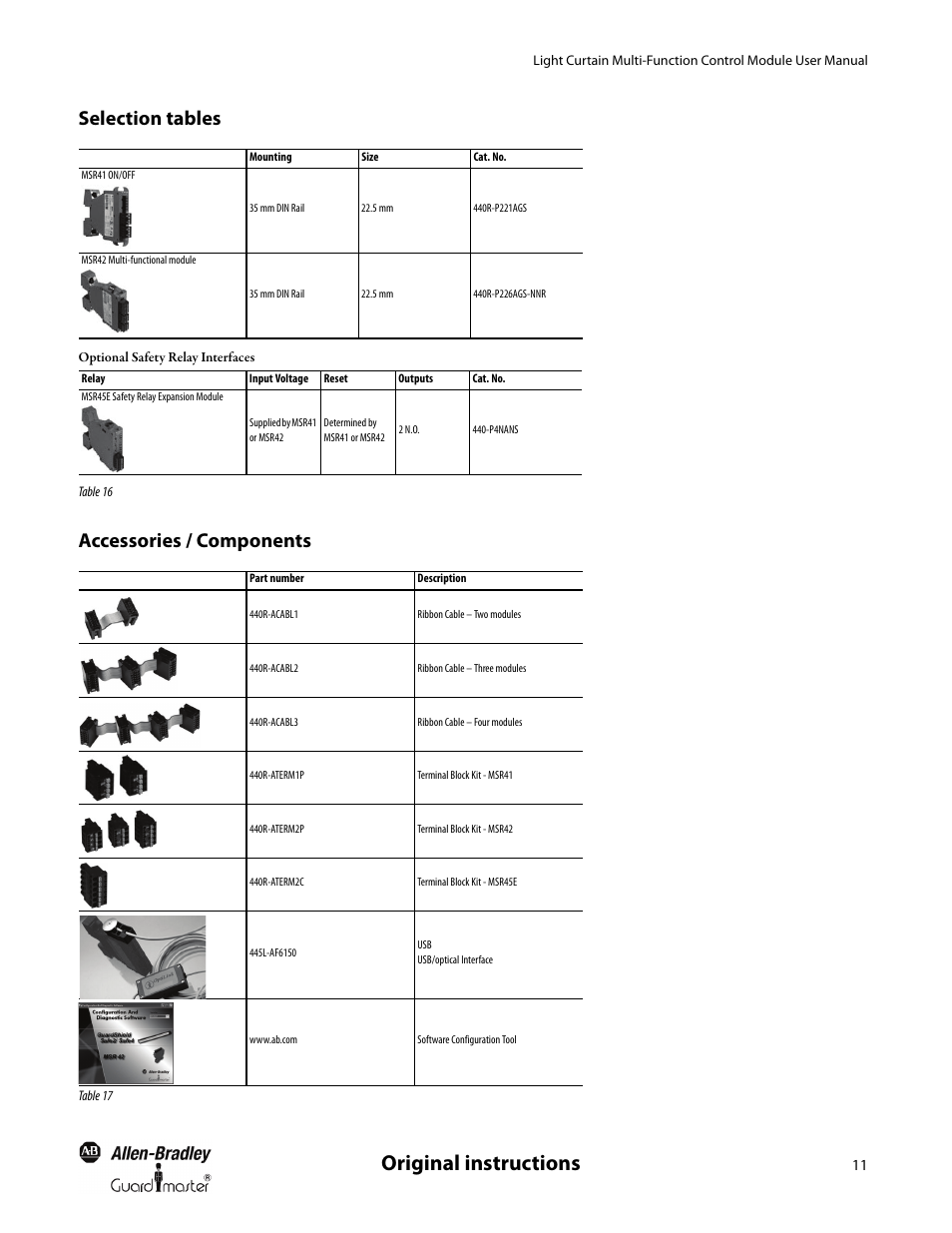 Selection tables, Accessories / components, Original instructions | Rockwell Automation 440R MSR42 Control Module User Manual User Manual | Page 13 / 20