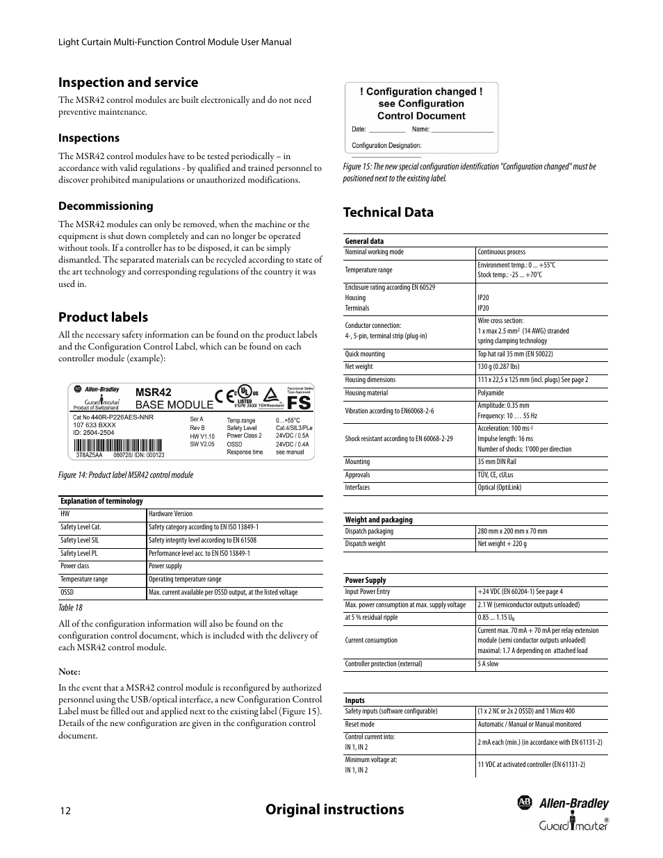 Inspection and service, Inspections, Decommissioning | Product labels, Technical data, Original instructions | Rockwell Automation 440R MSR42 Control Module User Manual User Manual | Page 14 / 20