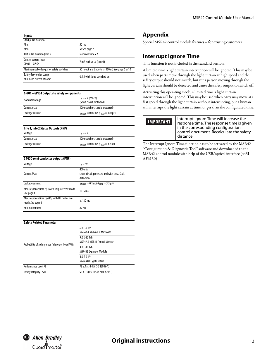 Appendix, Interrupt ignore time, Original instructions | Rockwell Automation 440R MSR42 Control Module User Manual User Manual | Page 15 / 20