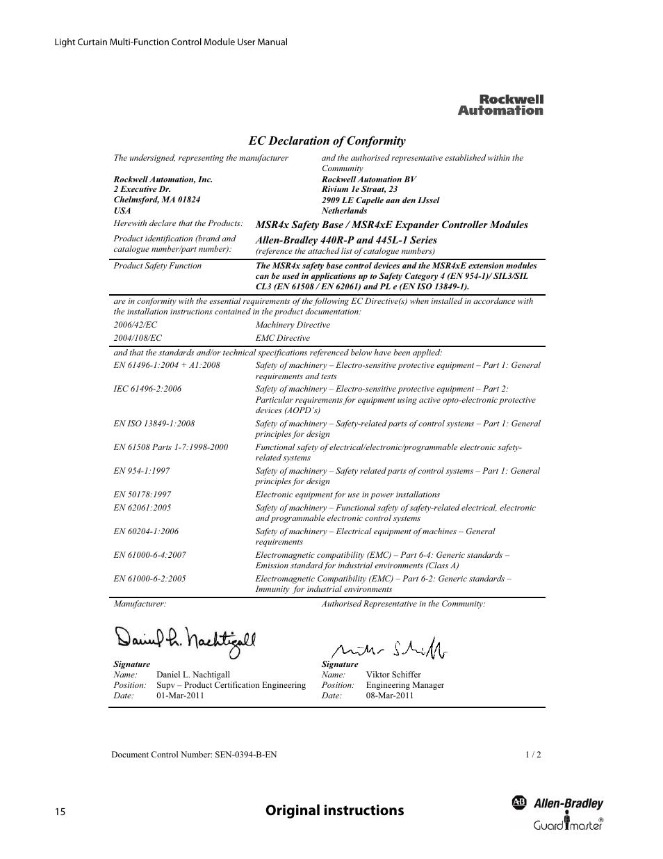 Original instructions, Ec declaration of conformity | Rockwell Automation 440R MSR42 Control Module User Manual User Manual | Page 17 / 20