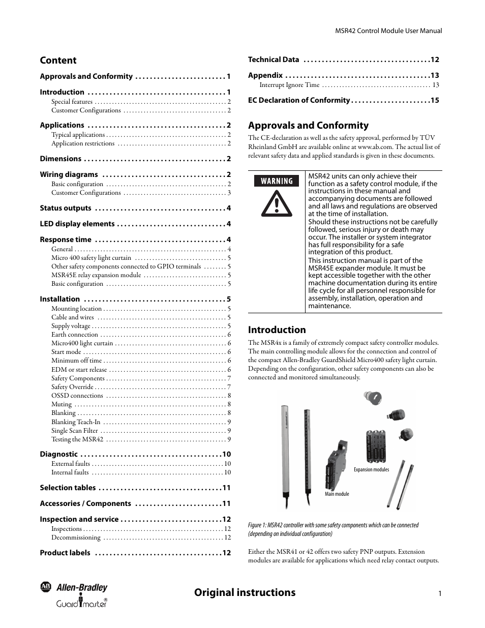 Content, Approvals and conformity, Introduction | Original instructions | Rockwell Automation 440R MSR42 Control Module User Manual User Manual | Page 3 / 20