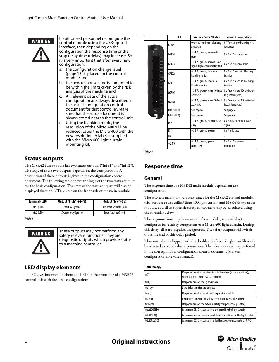 Status outputs, Led display elements, Response time | General, Original instructions | Rockwell Automation 440R MSR42 Control Module User Manual User Manual | Page 6 / 20