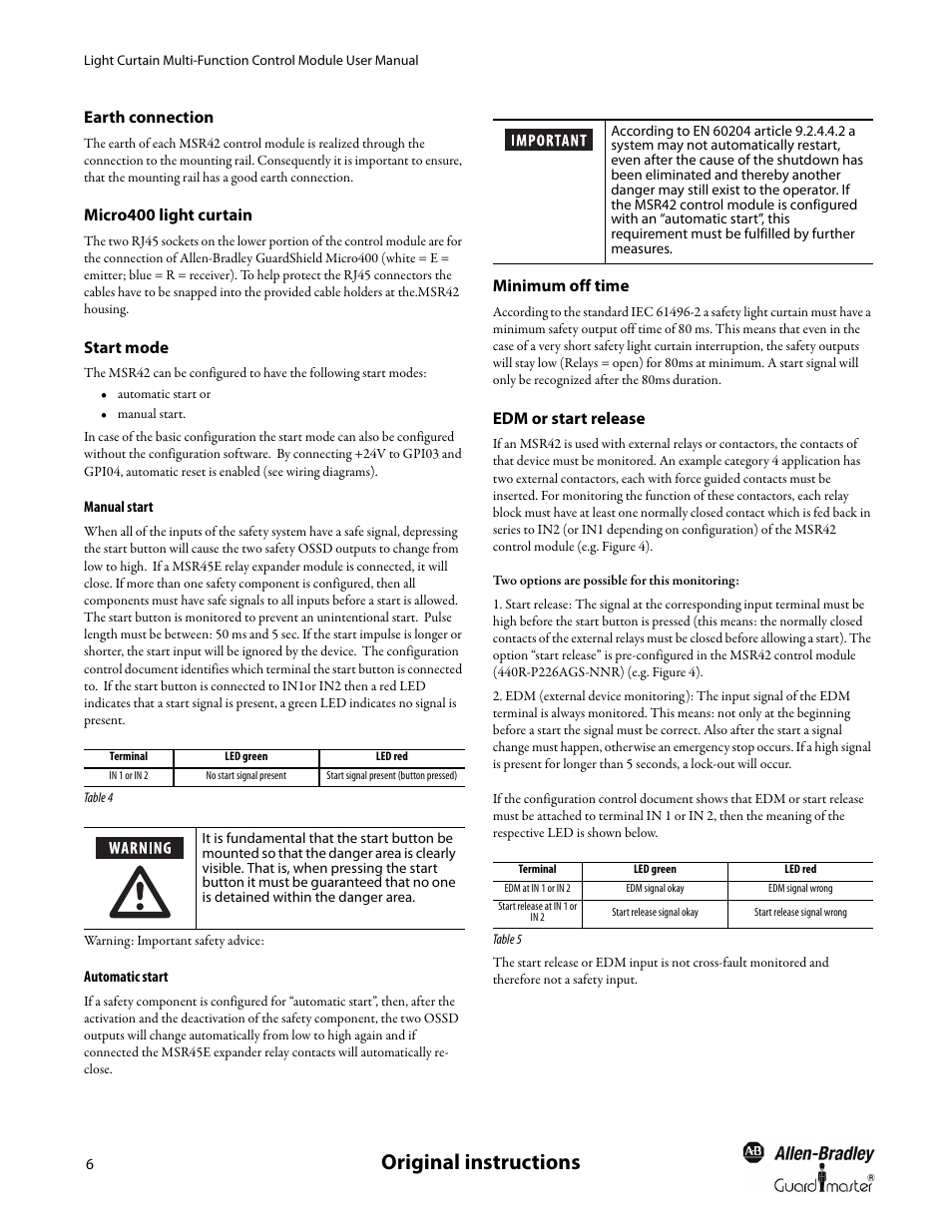 Earth connection, Micro400 light curtain, Start mode | Manual start, Automatic start, Minimum off time, Edm or start release, Original instructions | Rockwell Automation 440R MSR42 Control Module User Manual User Manual | Page 8 / 20