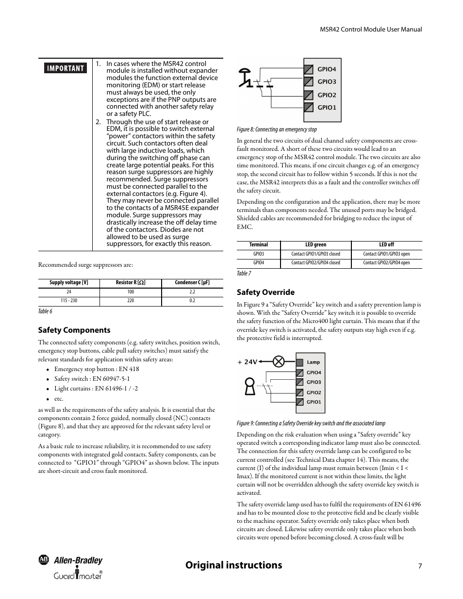 Safety components, Safety override, Original instructions | Rockwell Automation 440R MSR42 Control Module User Manual User Manual | Page 9 / 20