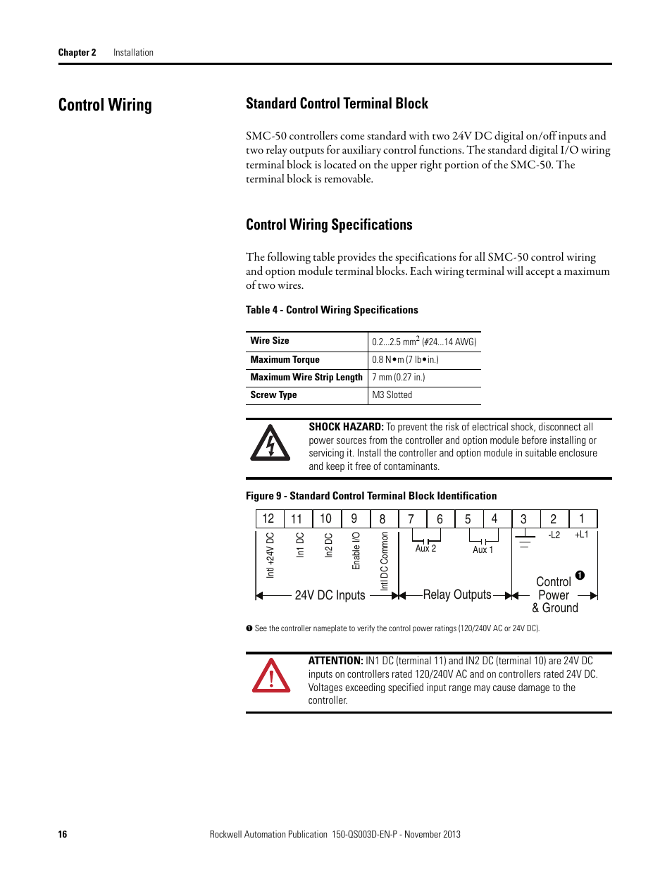 Control wiring, Standard control terminal block, Control wiring specifications | Rockwell Automation 150 SMC Quick Start Manual User Manual | Page 18 / 60