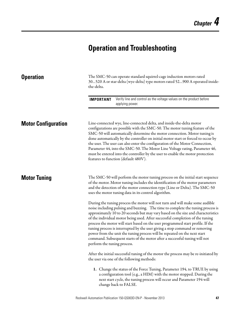 Chapter 4, Operation and troubleshooting, Operation | Motor configuration, Motor tuning, Operation motor configuration motor tuning | Rockwell Automation 150 SMC Quick Start Manual User Manual | Page 49 / 60